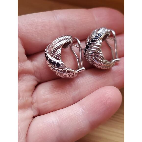 Judith Ripka Blue Sapphire Sterling Silver Hoop Omega Post Earrings 925 - Picture 7 of 8